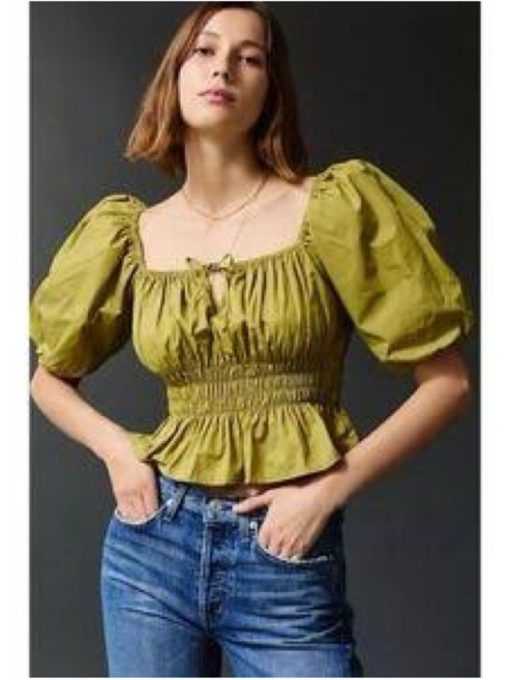 Faithfull the Brand Olive Green Puff Sleeve Peasant Top